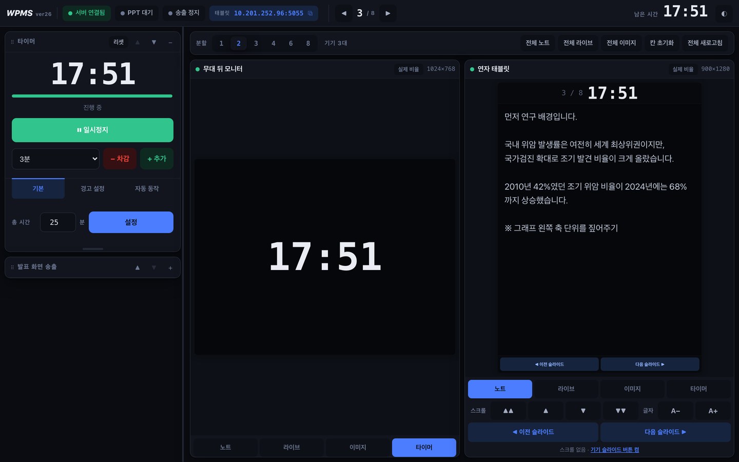 관리자 화면 — 분할 배치와 신호 세기